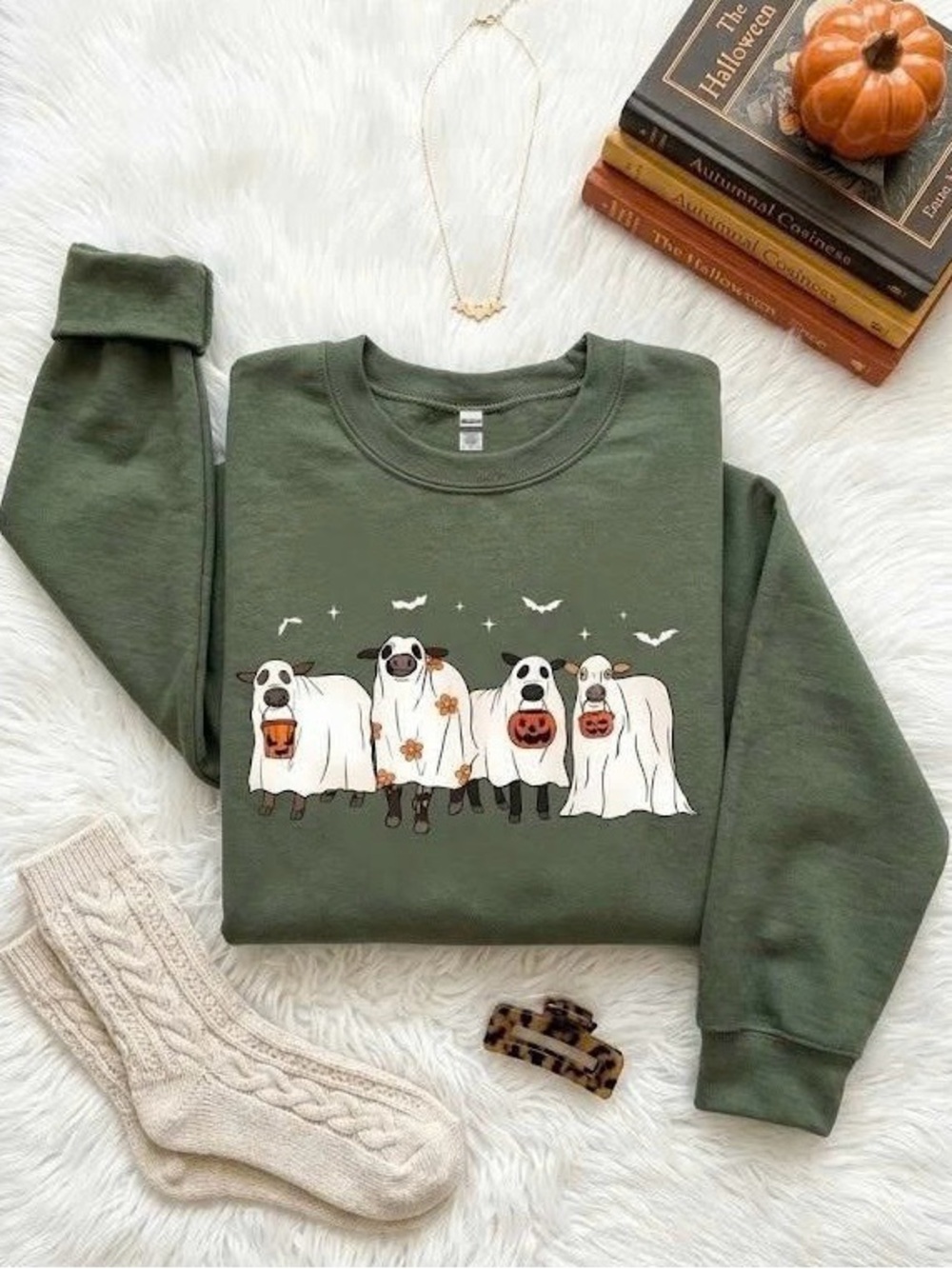 Cute Ghost Cow Halloween Crewneck Sweatshirt Olive Green Fall